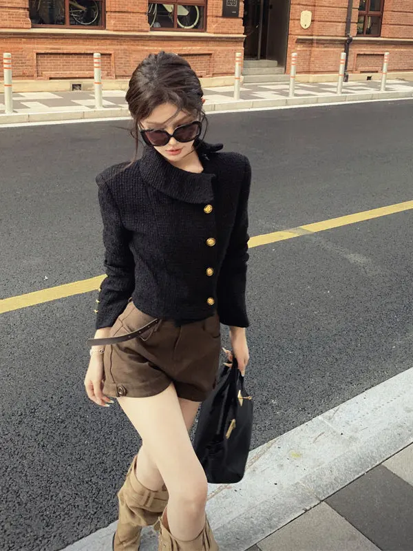 

Корейский стиль: короткая черная верхняя одежда, модная, элегантная, для миниатюрных, в стиле «маленький аромат», весна 2026, женская куртка