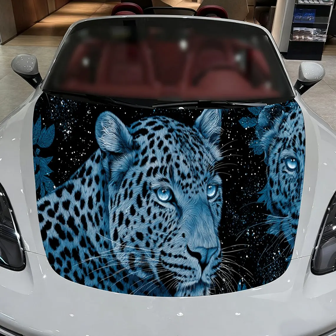 Car Decals A Leopard with Distinct Spots in a Vibrant Blue, Textured Background with Dynamic Visual Elements Car Hood Sticker, W