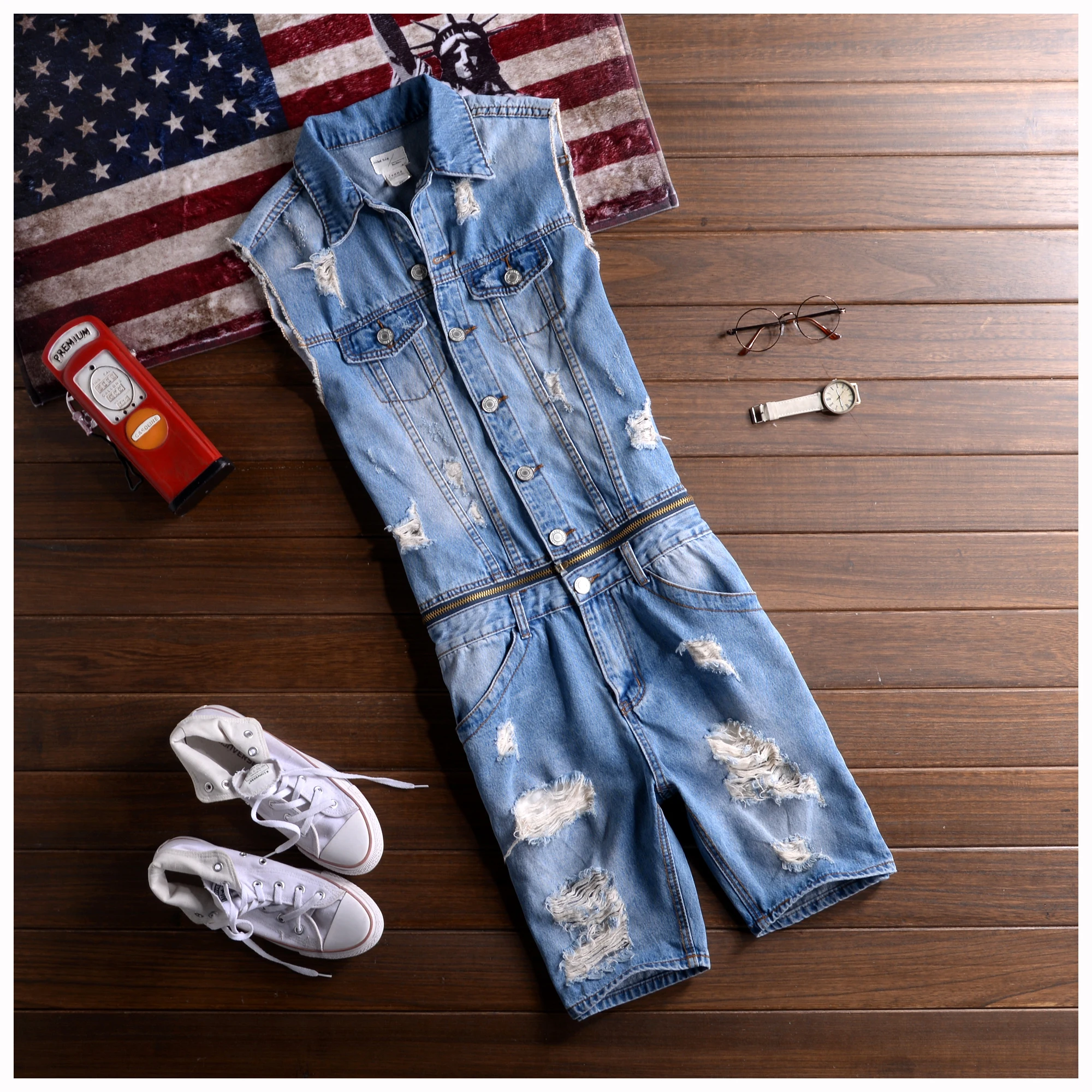

Trendy Light Wa Denim Overalls Men's Jaet Vest orts Set Detachable Ripped Workwear Jeans ort Length Youthful Sle