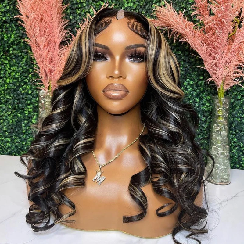 Peruvian Highlight Bayalage Brown Blonde Loose Deep Wavy1x4 V Part Wigs for Black Women Ombre Dark Chocolate Brown U Part Wigs