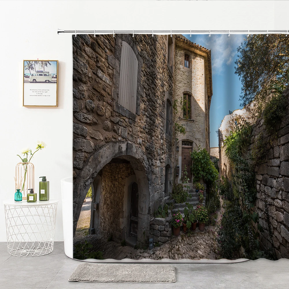 

Retro Old Building Rural Streets Shower Curtain 3D European Town Landscape Bath Curtains Bathroom Home Decor Waterproof Screens