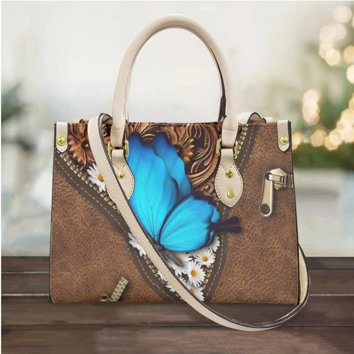 Blue Butterfly Handbags Gift for People Luxury PU Leather Cross Body Bags for Women Top-handle Totes Shoulder Bags Woman Bolsa