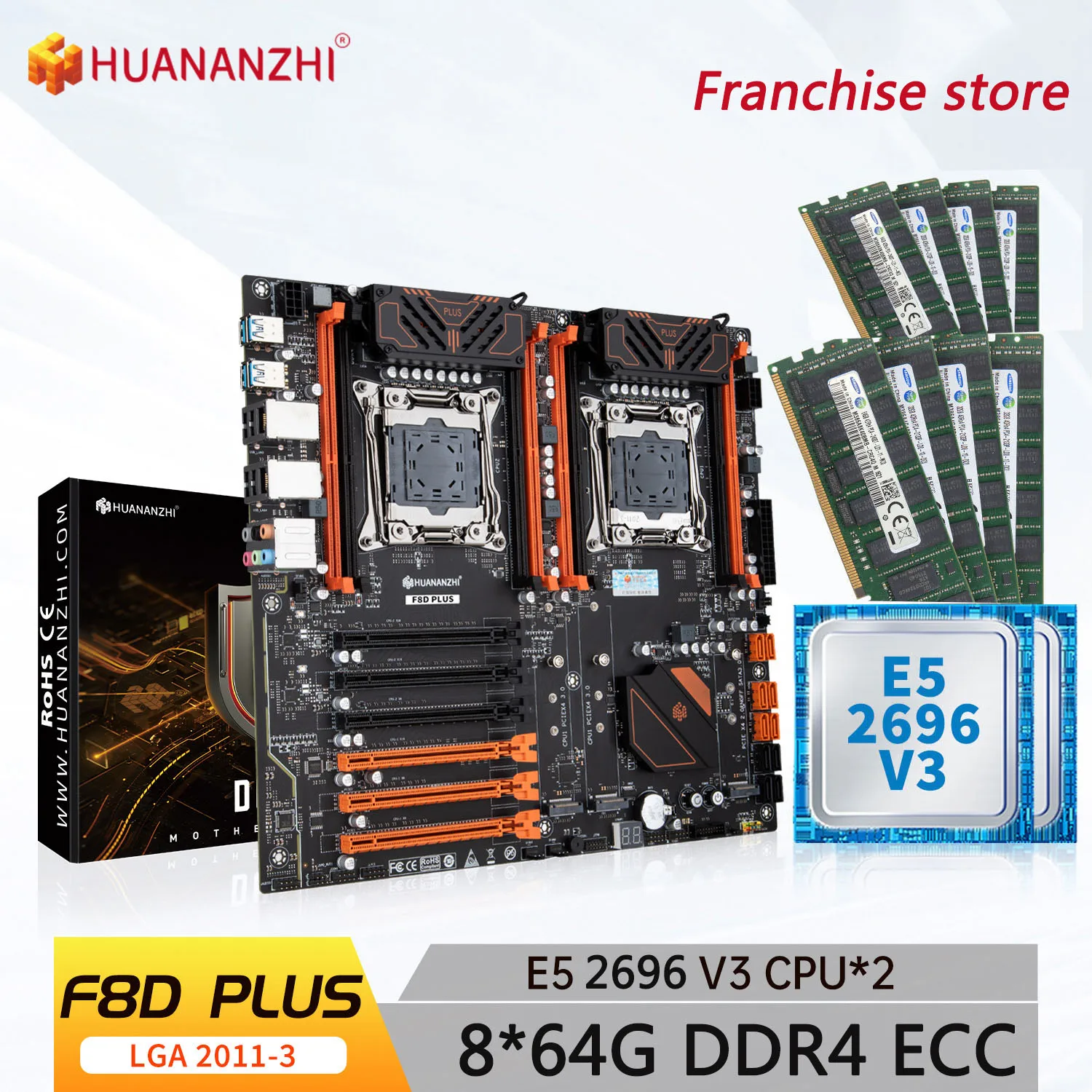 HUANANZHI-طقم قاعدة اللوحة الأم ، X99 F8D PLUS LGA 2011-3 XEON X99 ، Intel E5 2696 V3 x 2 ، 8x64 GB DDR4 RECC