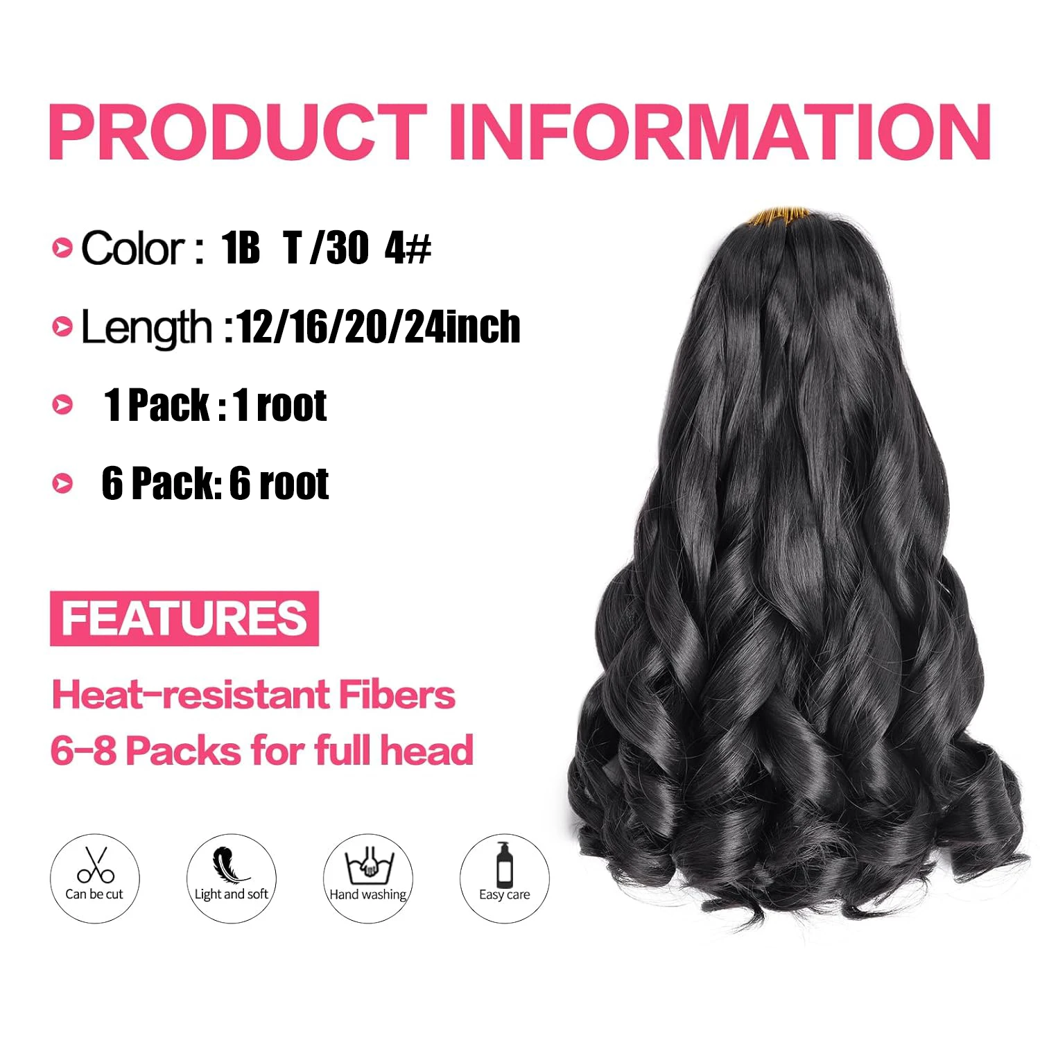 프렌치 컬리 브레이딩 헤어 12/16/20/24인치 루즈 웨이브 1-6팩 # 1B 블랙 탄력 있는 브레이딩 헤어 익스텐션 합성