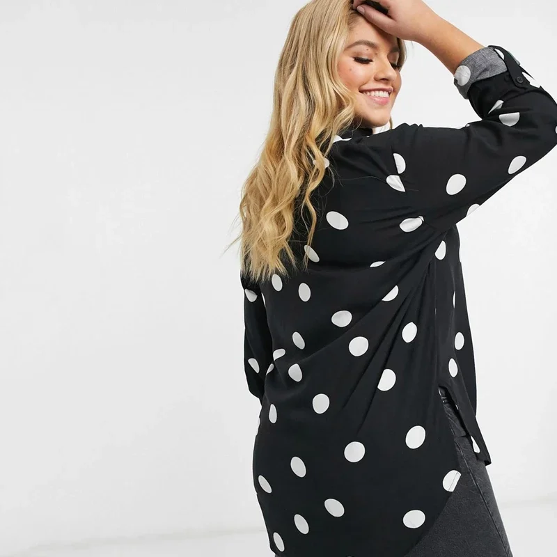 Plus Size Half Button Placket Summer Spring Polka Dot Blouse Women Roll Sleeve Casual Top Female Large Size Loose Shirt 6XL 7XL