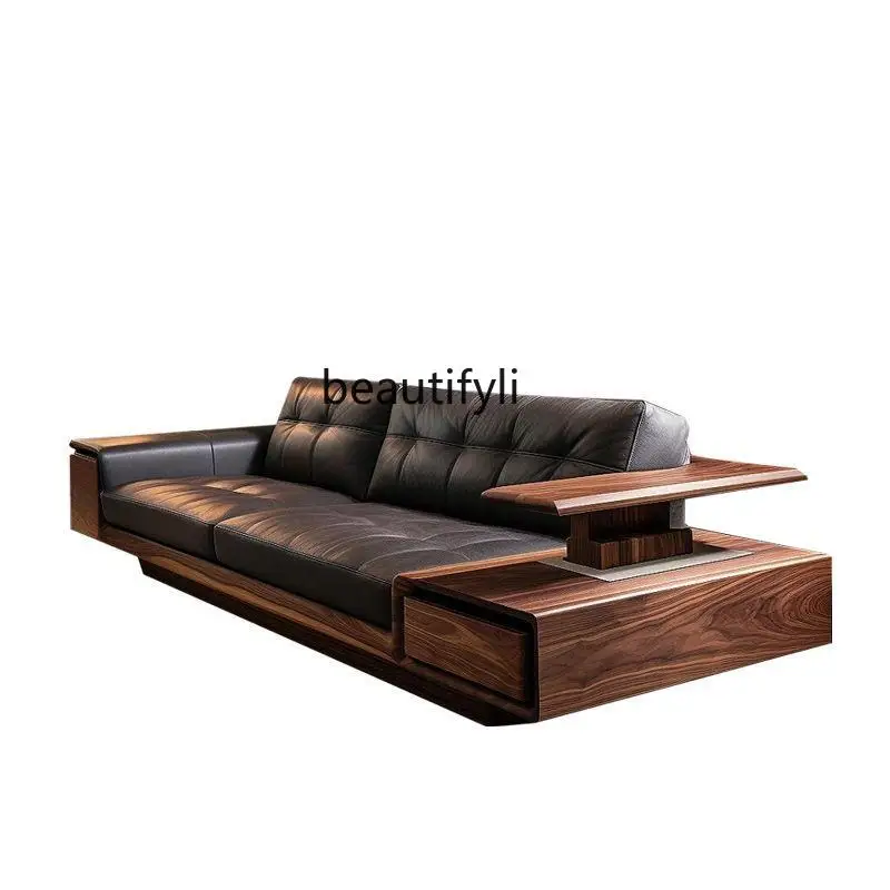 New Chinese black walnut sofa Nordic simple three or four people straight row solid wood leather sofa living room villa