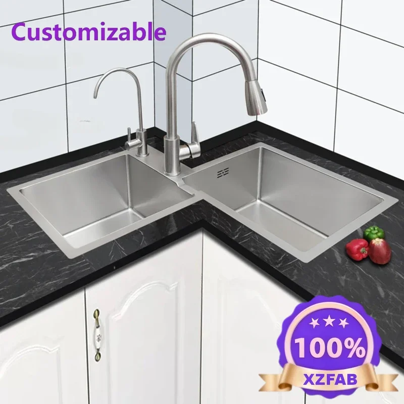 Factory Direct 2026 Long - lasting Kitchen Furniture Thickened 304 Stainless Steel Sink Basin Corner Shaped Double Stainless Ste