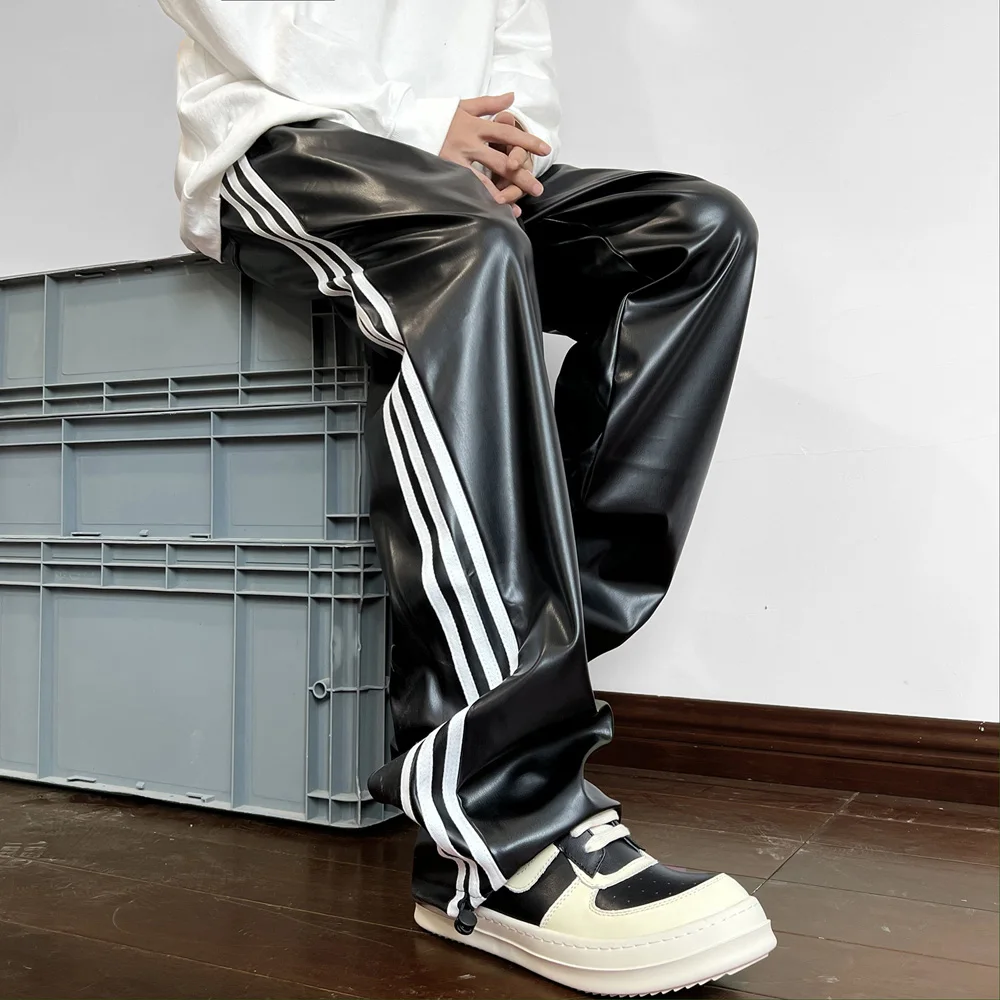 Side Stripe Leather Pant Men Women Streetwear Fashion Loose Casual Hip Hop Vintage Straight PU Leather Pants Cargo Trousers