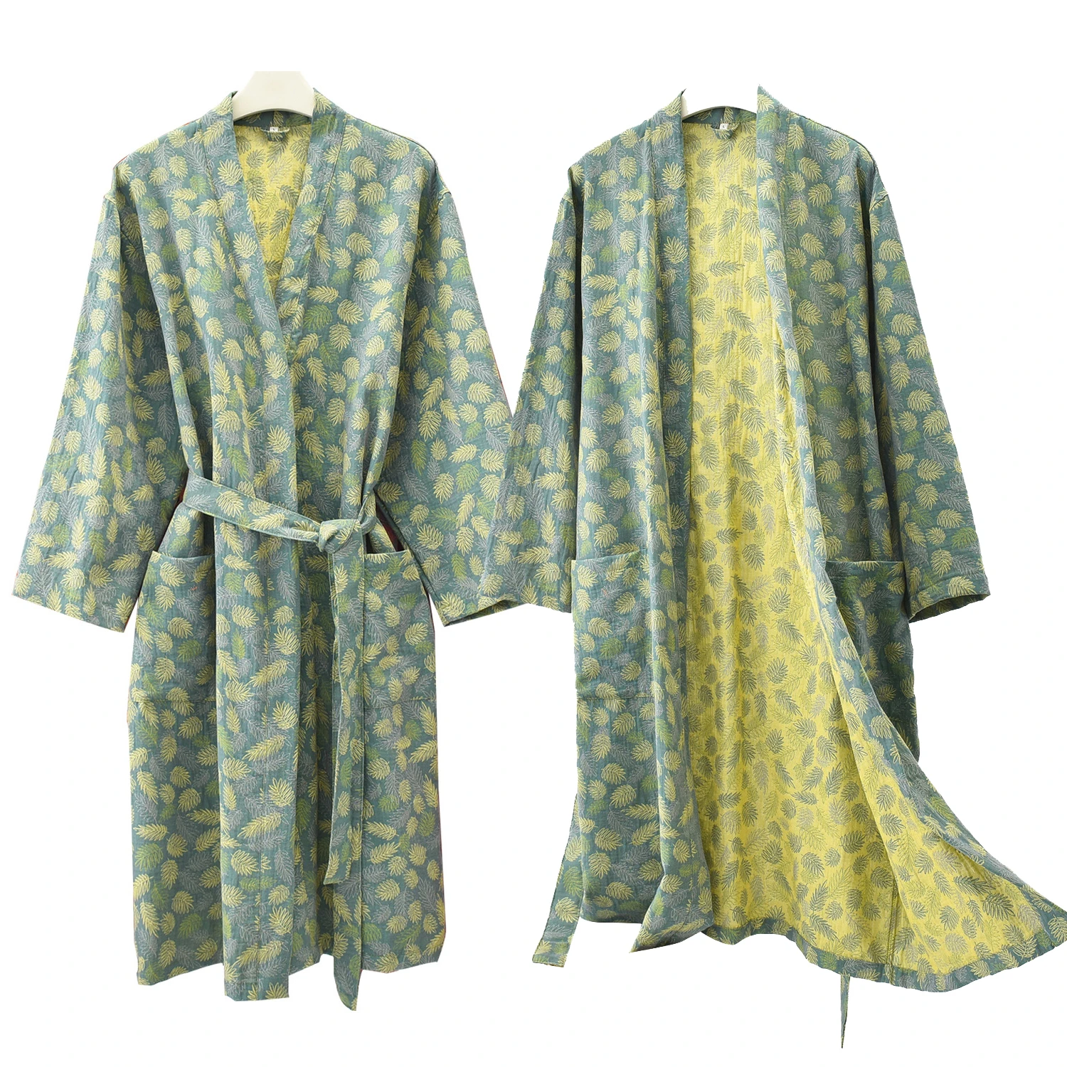 

Couples Pure Cotton Sleepwear Kimono Bathrobe Long Sleeve V-neck Nightwear With Belt Pocket 2025 New Men And Women Home Clothes