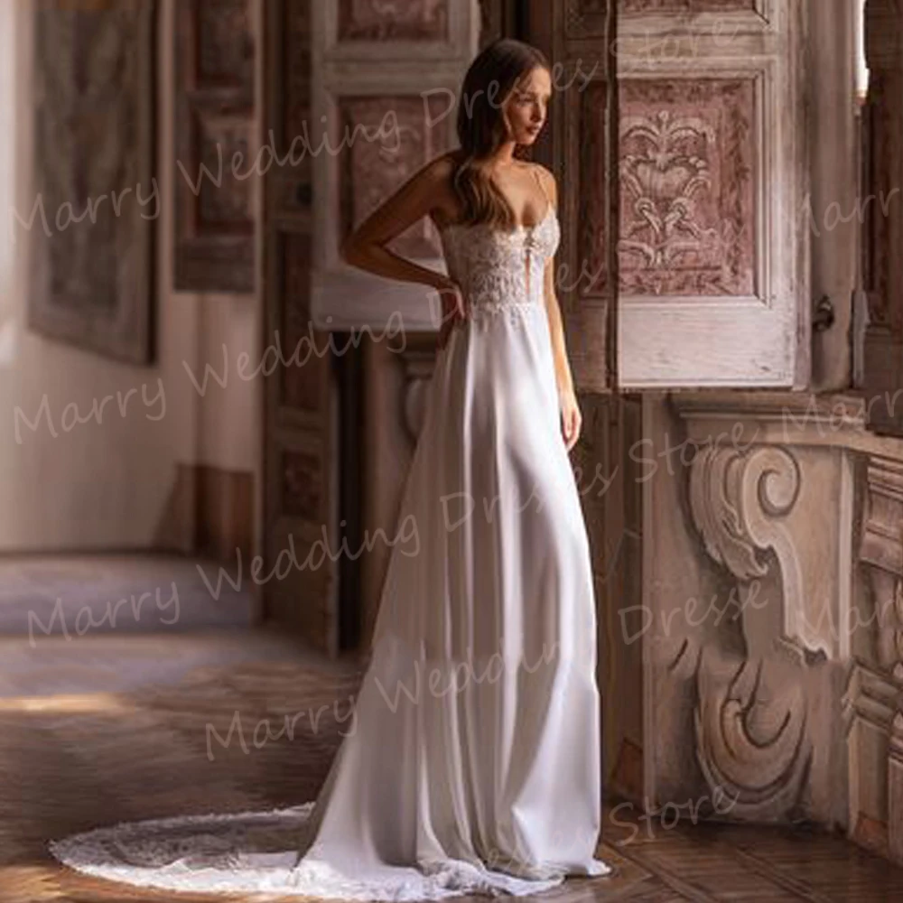 Affascinante una linea abiti da sposa da donna Appliques di pizzo Vintage abiti da sposa Sexy Sweetheart Spaghetti Straps Vestidos Novias Boda