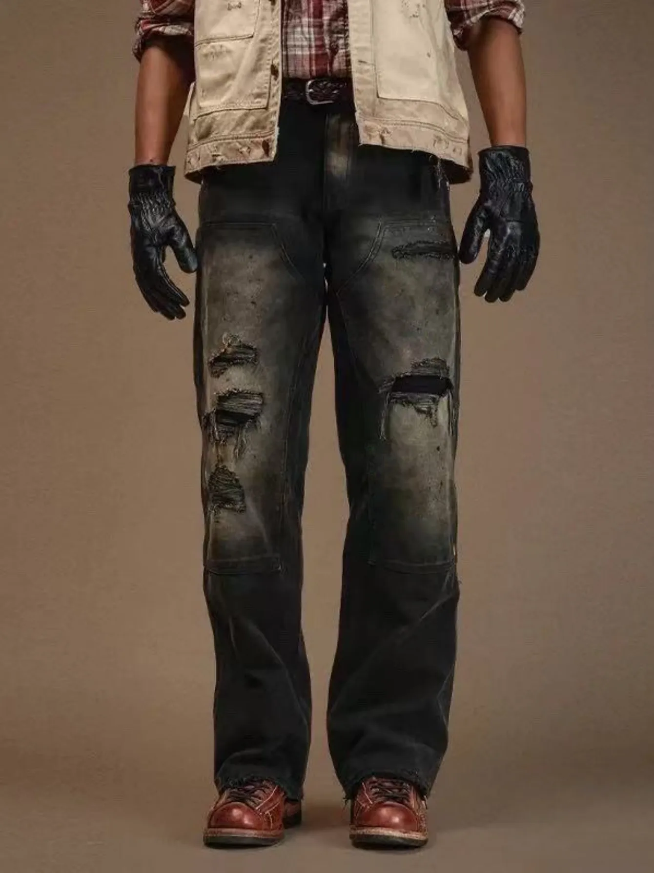【HME】Men's Jeans | American Retro Work-style Denim Pants Men, Carpenter Multi-pocket Tool-loop Denim Trousers, Elastic Back Waist, Heavily Worn Ripped Patch Design, Loose Straight Leg Casual Men Pants