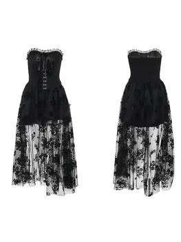 黑色蕾絲露肩長洋裝,復古維多利亞哥德式刺繡無袖A字裙,附網紗拼接 6 最佳銷售 維多利亞時代的服裝 - №5