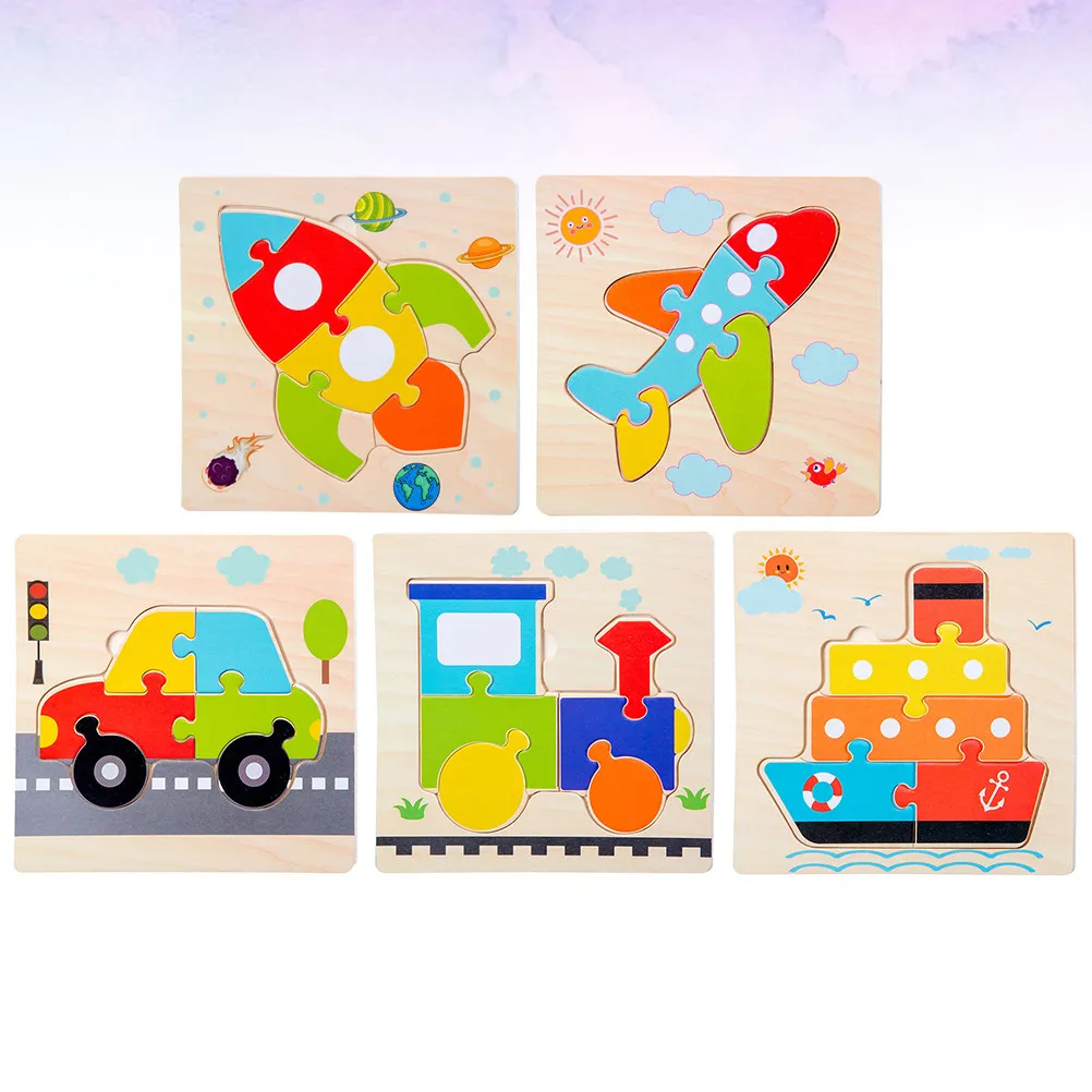 

5Pcs Wooden Cartoon Puzzle Board for Kids Educational 3D Animal Car Plane Rocket Ship Locomotive Aircraft Enhancing Eye Hand