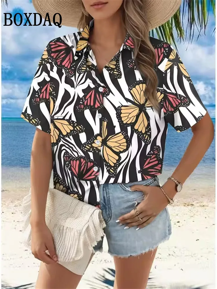 New Women's Fashion Shirt Summer Beach Holidays Short Sleeve Blouses Casual 3D Print Hawaiian Fruit Pattern Ladies Casual Tops