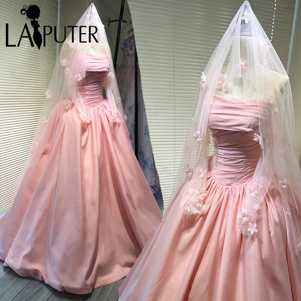 

Pink Satin Prom Dresses Puffy Ball Gown Floral Long Gloves Party Gown Court Train Flower Veil Woman Wedding Dresses