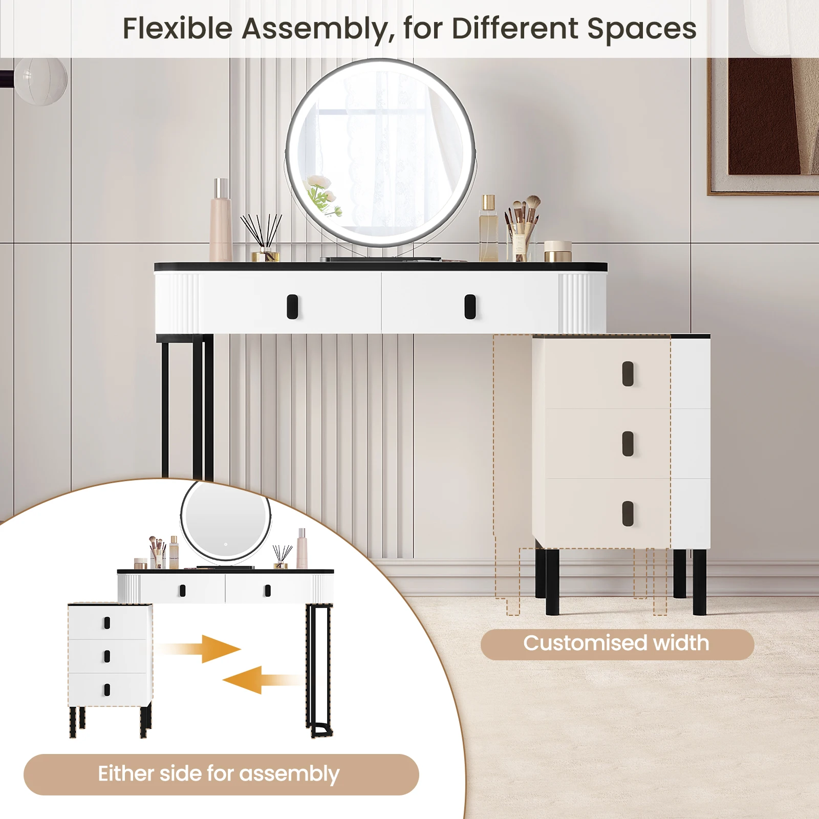 WOLTU Schminktisch mit LED-Beleuchtung, mobiler Spiegel, für Mädchen und Frauen, Waschtisch, flexible Montage, Make-up-Kosmetiktisch für Schlafzimmer – Detail 8
