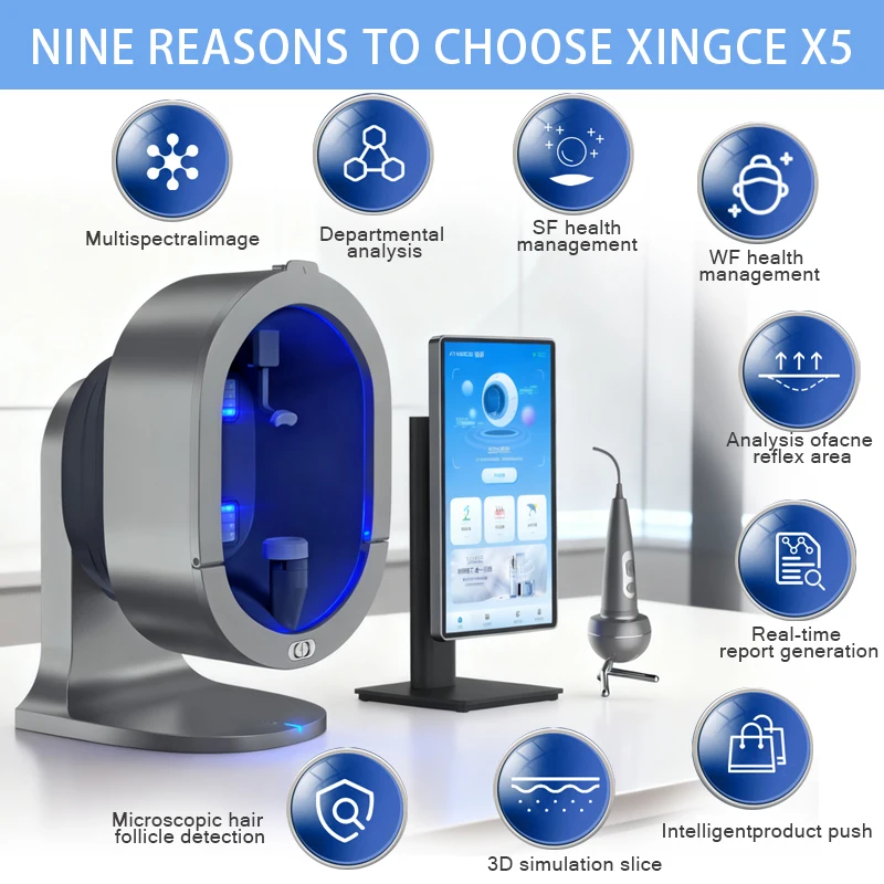 XINGCE X5PRO AI محلل الجلد وفروة الرأس ماسح ضوئي للوجه ثلاثي الأبعاد مع كشف الميكروبيوم، أداة التشخيص الكمي لصالونات التجميل