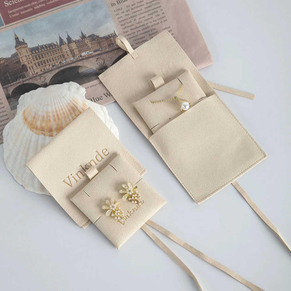 DIY Cream Jewelry Packaging Gift Bag Envelope Suede Microfiber Jewelry Pouches Jewelry Earrings Card Pouch Set with Logo Custom