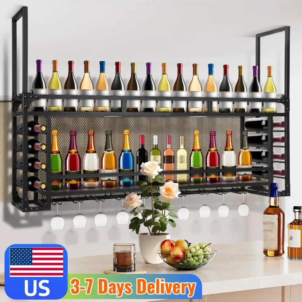 

Wall Mounted 2 -Tiers Wood-Metal Retro Wine Rack 59.06x21.65x11.81inch Iron Wine Bottle Display Rack for Kitchen Dining Room Bar