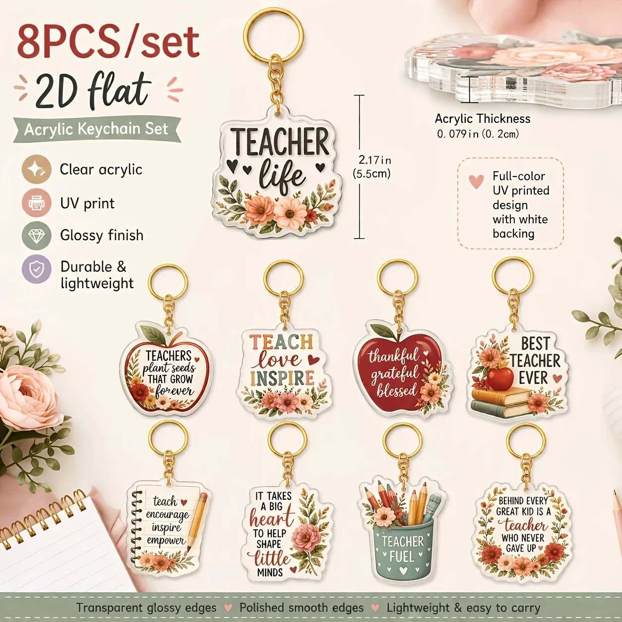 8-teiliges Set Inspirierender Lehrer-Dankeschön-Acryl-Schlüsselanhänger mit Bunten Blumenzitaten, Geschenk für Bildungsarbeiter, 2D Flaches Design – Detail 3