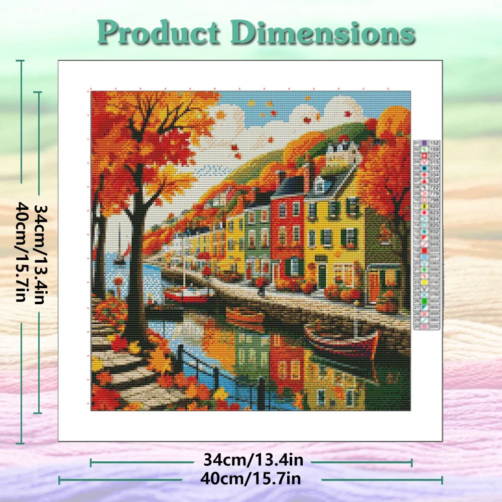 Fall City House Cross Stitch New Landscape DIY 11CT Cotton Thread Printed Embroidery Kits Home Decoration