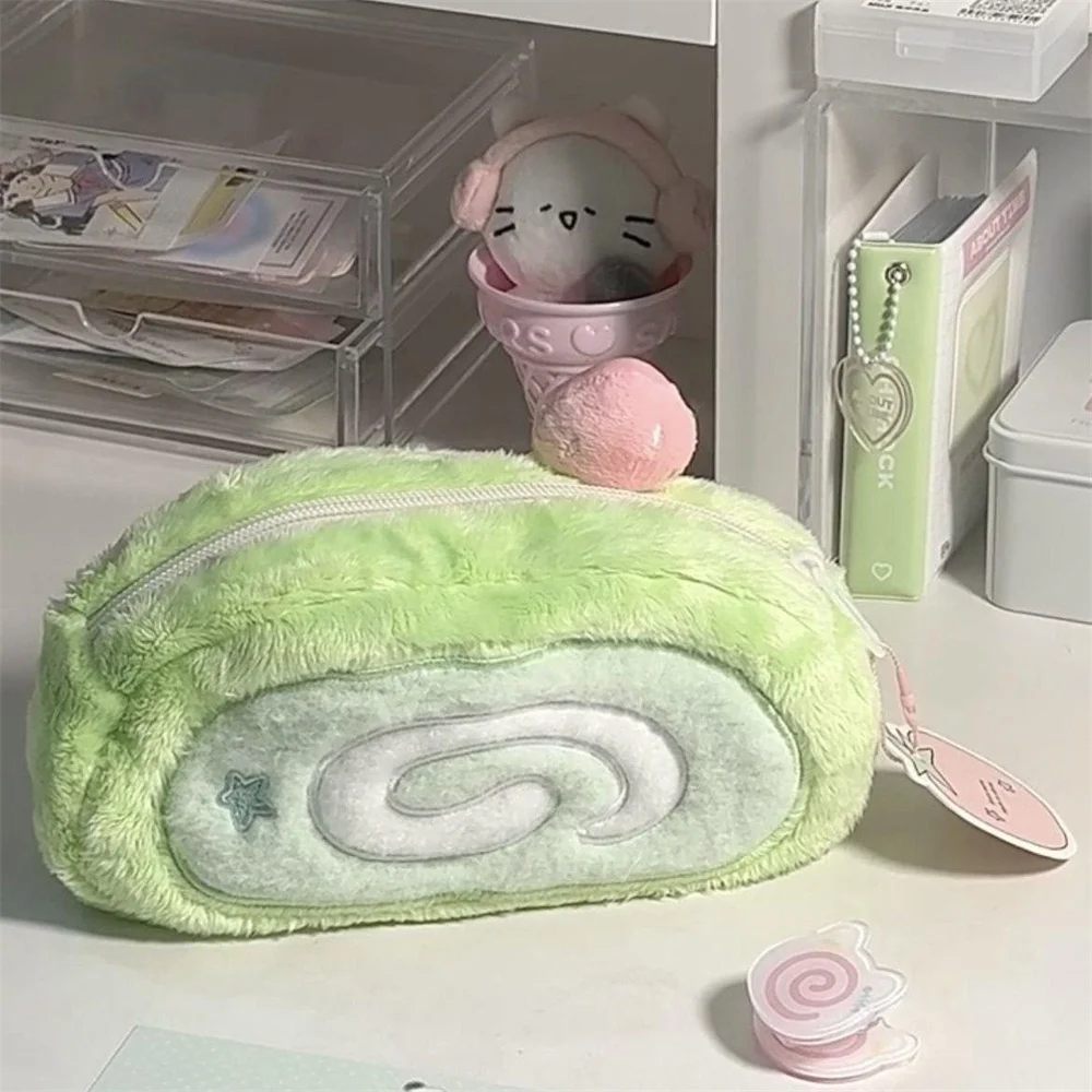 Cute Melon Swiss Roll Green Plush Pencil Case Bag Creative Stationery Storage Bags Large Capacity Desk Organizer for Students