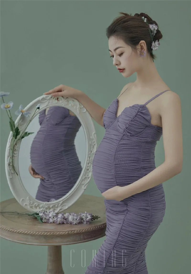 Women Photography Props Purple Draped Elegant Maternity Dresses Straps Pregnancy Dress Studio Shooting Photo Props