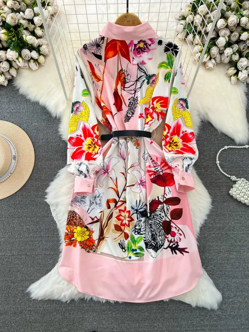 2024 New Spring Fashion Long Sleeve Lapel Waist Slimming Single Breasted Floral Printed Shirt Dresses For Women One-Piece Dress