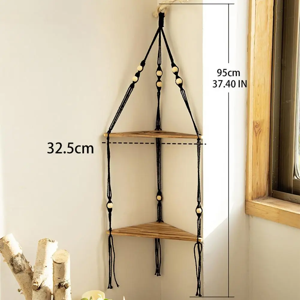 

Durable Corner Shelf Wall Hanging Corner Shelf Bohemian Handmade Cotton Rope Corner Shelf Rustic 2-tier Storage Rack with Round