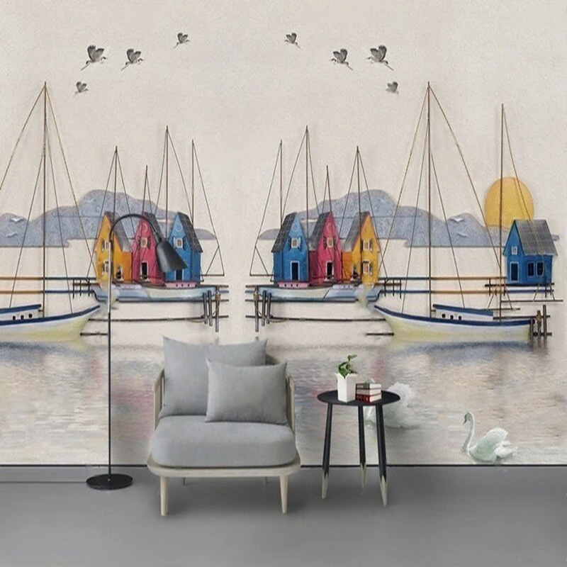 Modern European Minimalist 3D Three-Dimensional Sea Scenery Hand-Drawn Creative Art Rural Countryside Scene TV Pattern