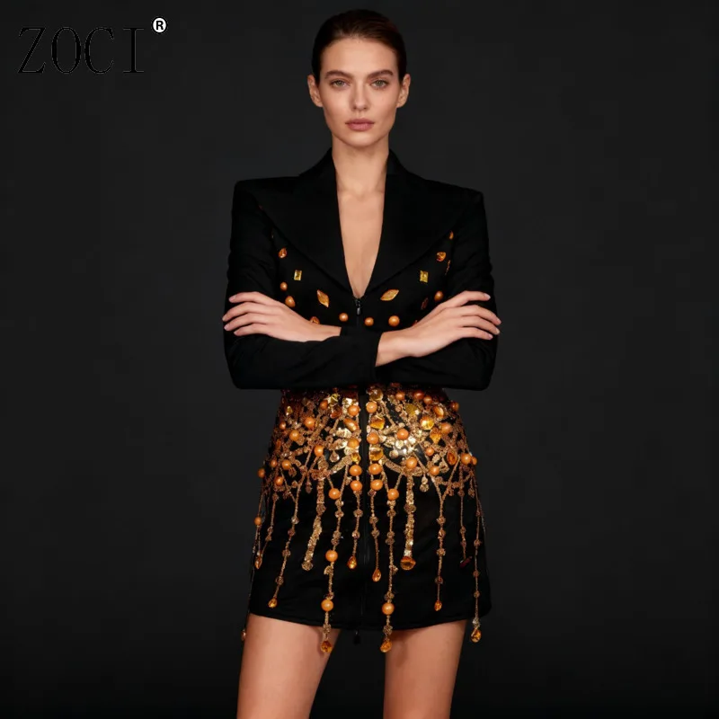 

ZOCI Tassel Sequins Patchwork Women's Blazers Gold Color Suit Jackets Notched Collar Coats For Female Tops 2025 Autumn Tide New