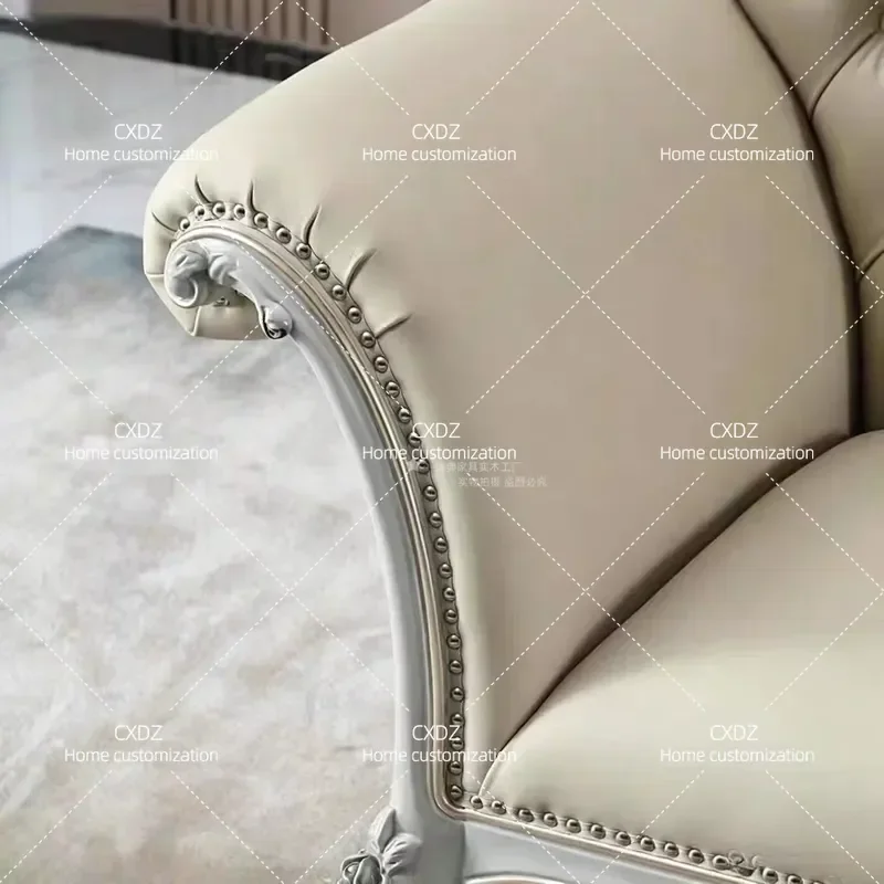 French Light Luxury Solid Wood Carved Flower Chair European Tufted Leather Beauty Couch Small Apartment Bedroom Leisure