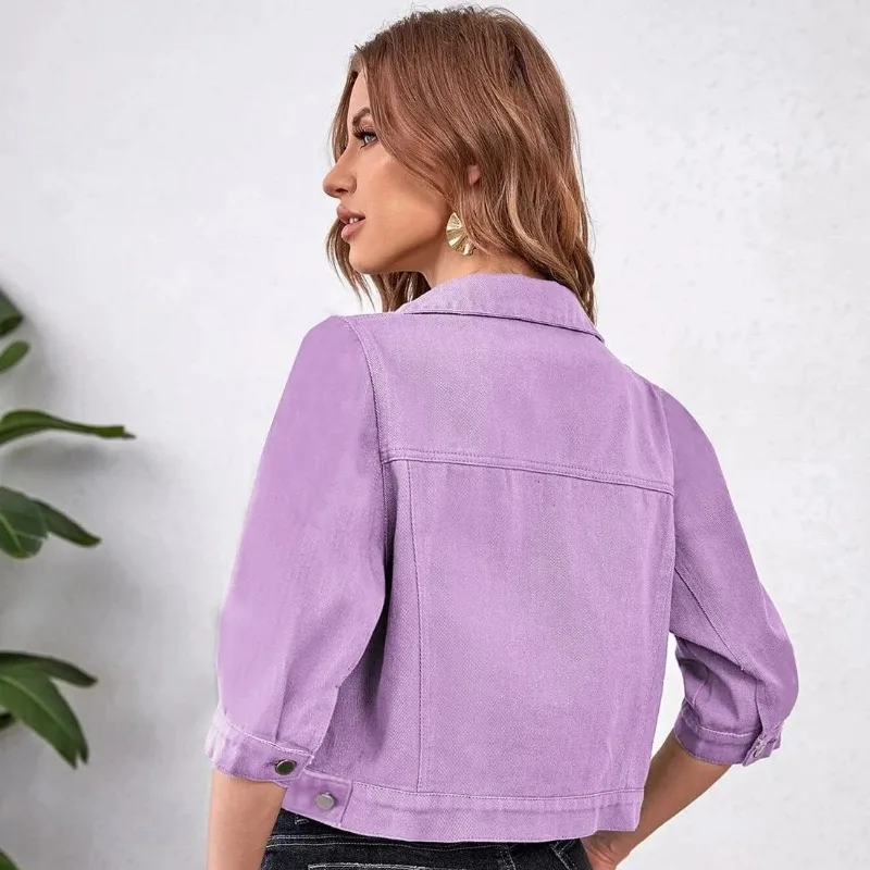 Womens Jean Jacket Cropped Denim Jackets Stretchy 3/4 Puff Sleeve Distressed Shacket with Pockets Purple Yellow White Outerwear