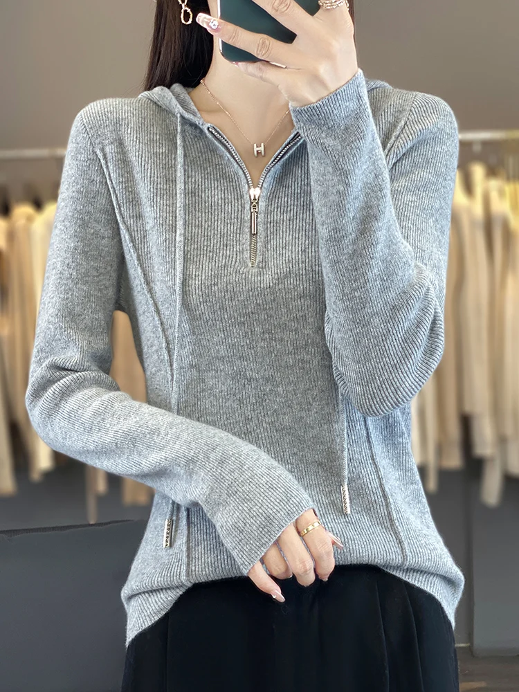 Women 100% Merino Wool Drawstring Hoodie Half Zip Slim Ribbed Knit Pullover Autumn Winter Tick Warm Casual Top Sweater