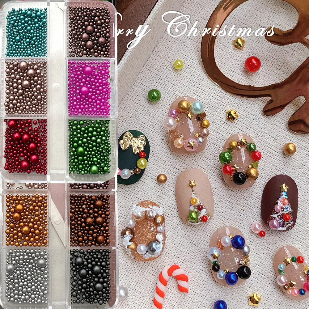 6 شبكات عيد الميلاد الملونة اللؤلؤ ثلاثية الأبعاد مسمار السحر مختلط الحجم الأخضر الأحمر عالية اللمعان اللؤلؤ مسمار حبة مهرجان مسمار الزينة أجزاء