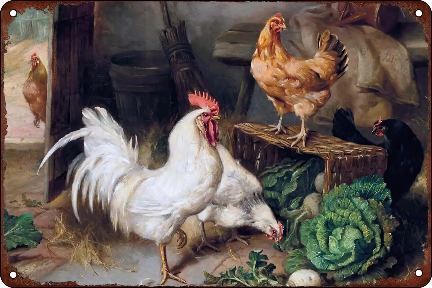 Vintage Decor Tin Sign Barn Chickens Art, Country Farmhouse Decor, Rustic Chicken Art For Home Bar Cafe Farm Store Garage C sign