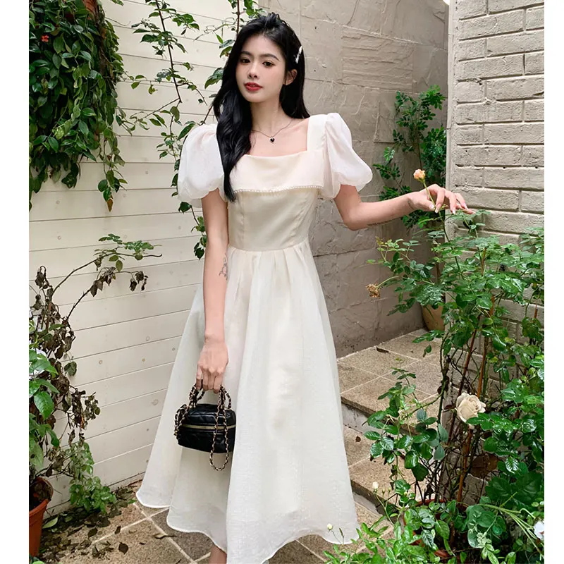 Korea White Women Dress Retro Sweet Square Collar Puff Sleeve Wedding Party A Line Gentle Pearl Beading Dress Kawaii Vestido New