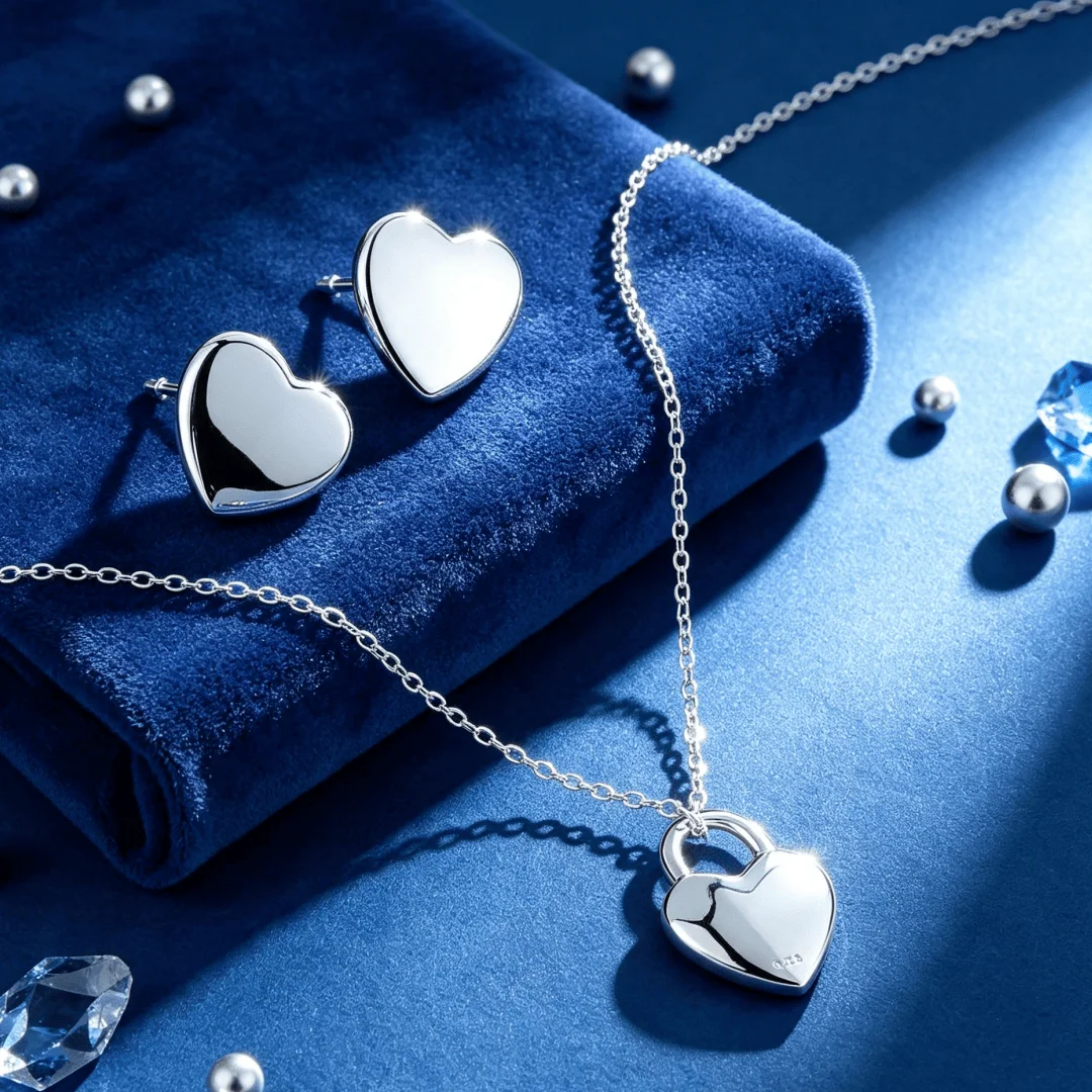 2pcs set Charms Lovely 925 Sterling Silver Heart Love Necklace Earrings Stud for Woman Jewelry Sets Fashion Wedding Engagement