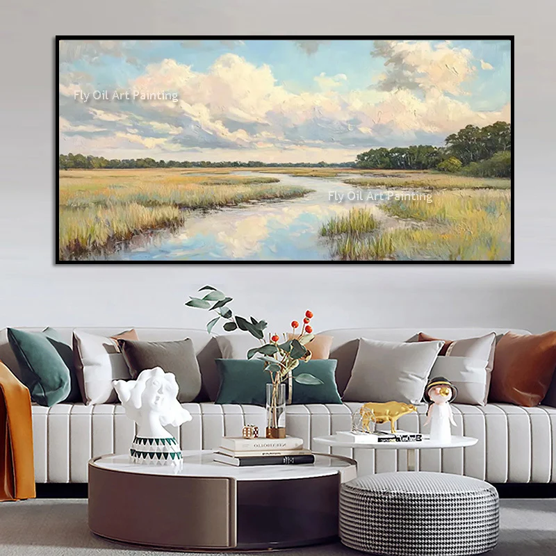 Modern Design Green Landscape Blue River Home Wall Art Items New Popular Grey Blue Boat View Oil Painting For Room Decor