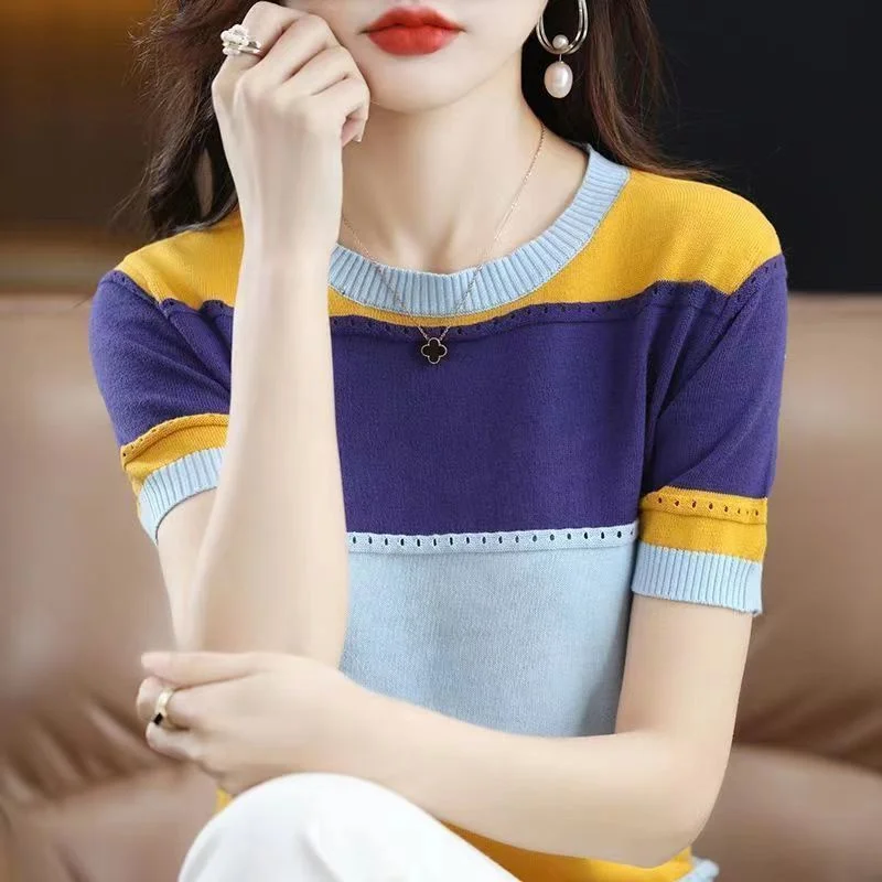 2024 Summer New Ice Silk T-shirt Short-sleeved Stripes Top Women\'s Round Neck Color Matching Hollow Loose Thin Knitted Sweater