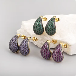 Nidin Classic New Design Waterdrop Shape Cubic Zirconia Stud Earrings 8 Colors Choice For Women Female Ear Jewelry Accessories