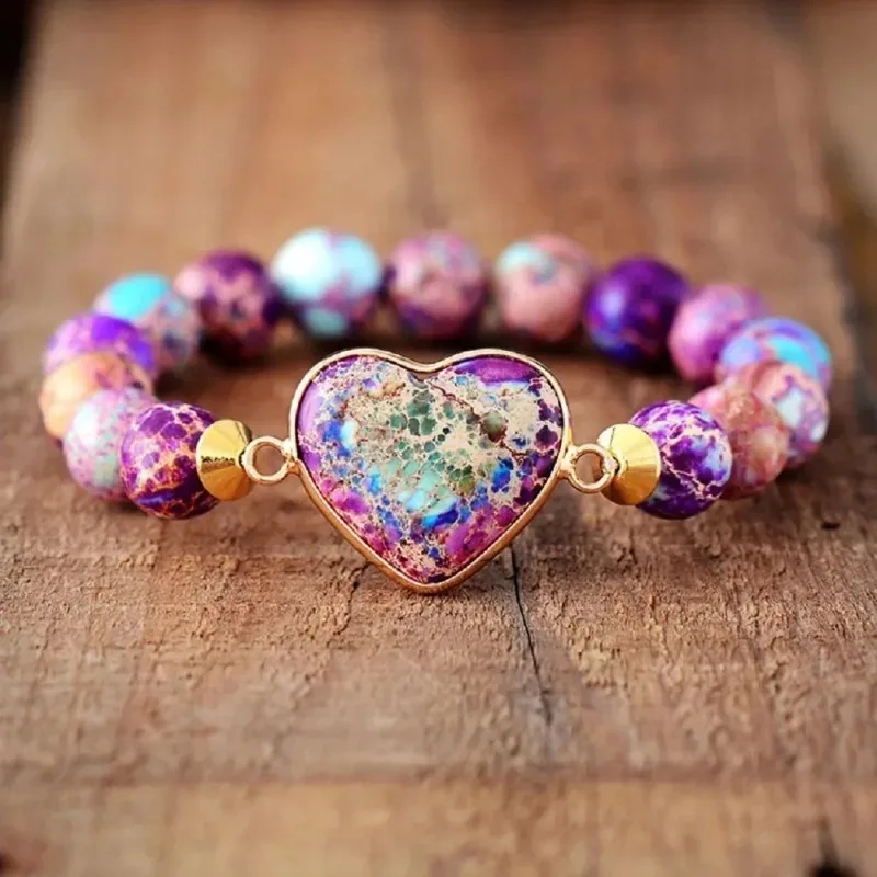 Fashion Vintage Ethnic Nature Imperial Stone Heart Violet Hand String Beads Bracelet for Women Elasticity Meditation Party Gift