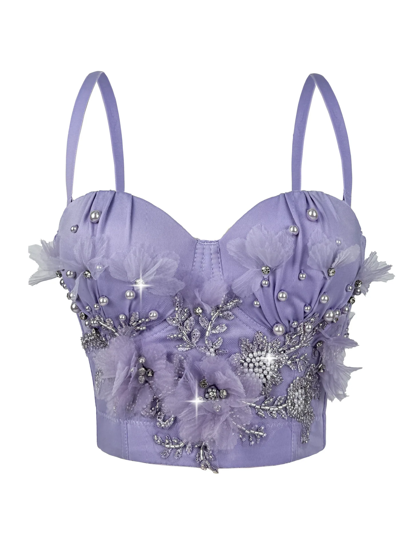 

Women's Bustier Crop Top, 3D Floral Beaded Pearl Corset Cami, Spaghetti Strap Push Up Bra for Party Wedding Club
