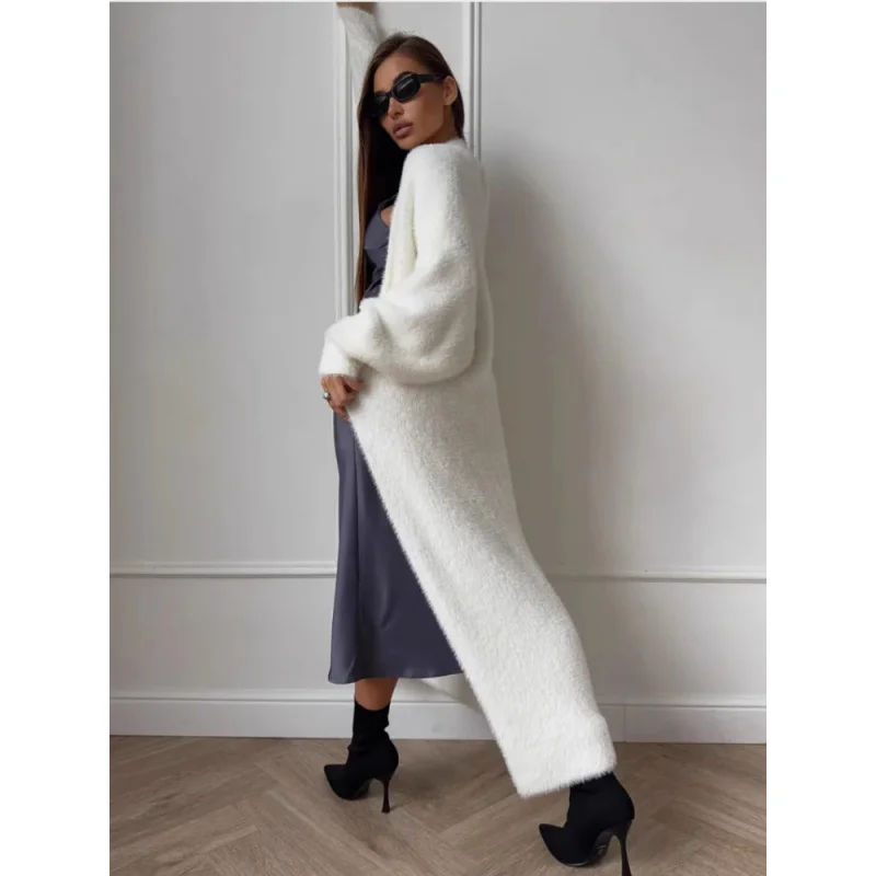 Autumn Elegant Women Fuzzy Knit Long Cardigan Fashion Casual All White Simple Coat Holiday Work Female Knitwear Overcoat