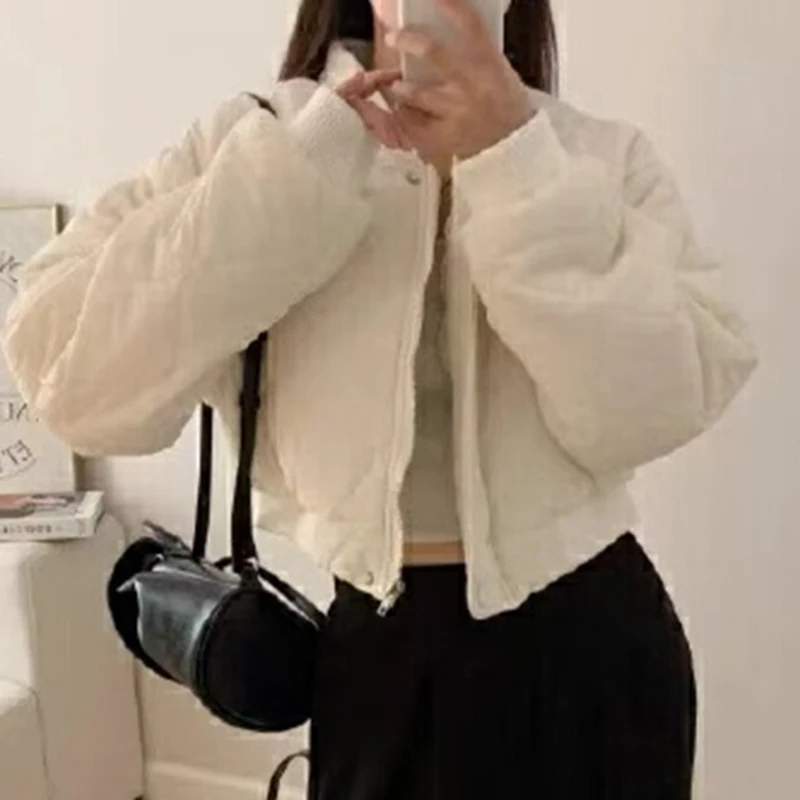 

Корейское зимнее бейсбольное хлопковое пальто, женская укороченная куртка с длинным рукавом и ромбовидным узором, уличная Harajuku Y2K, плотная теплая верхняя одежда