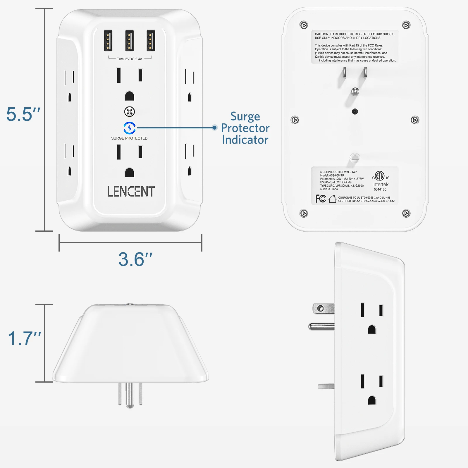 LENCENT Multi Plug Outlet Extender with 6 Outlets 3 USB Wall Charger  3 Prong Plug Power Charging Box Expander for Home Office