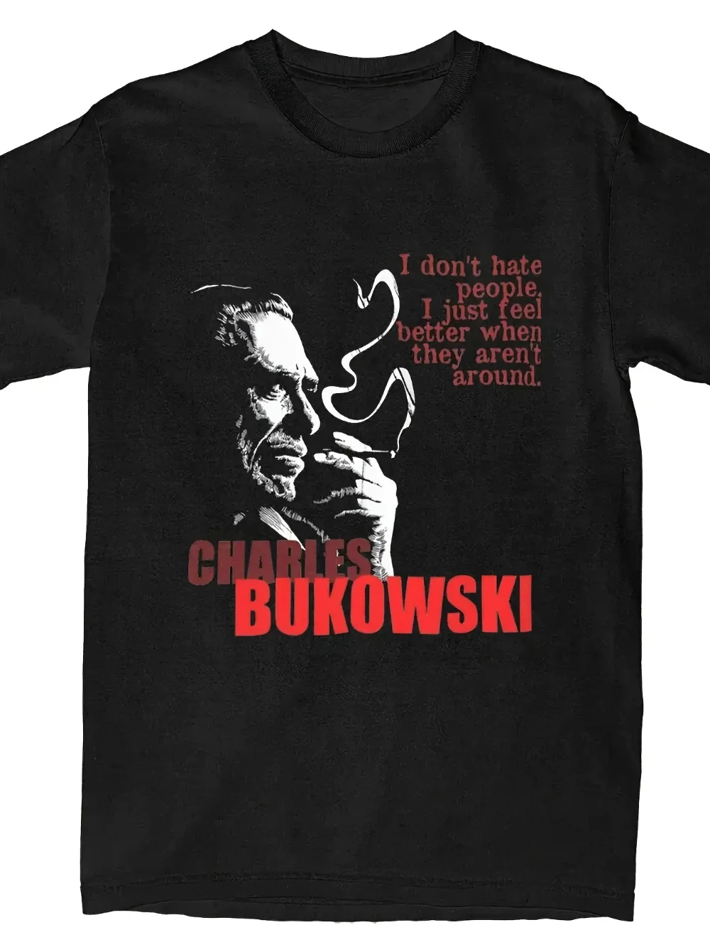 Men'S Charles Bukowski Pattern T-Shirt Black Tee with Red Text and White Print, Casual Short Sleeve Suitable for Casual Wear