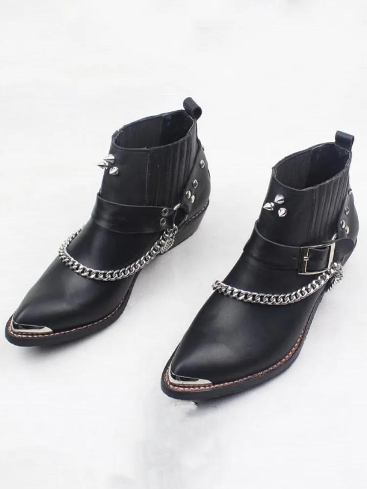 Cowboy Pointed Toe Short Boots Rivet Chain Punk Shoes Mens Cowhide Genuine Leather Chelsea Boots Handmade Customized 10 Days