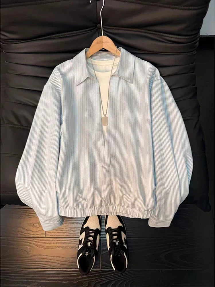 

Light Blue Striped Shirt Men's Korean Style Long Sleeve Turn-down Collar Loose Fit Workwear Jacket Top Casual Spring Wear