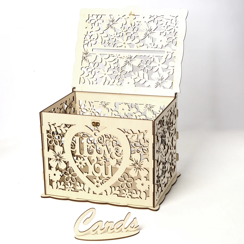 Wedding Card Box DIY Wedding Gift Wooden Money Storages with Lock Decoration Supplies for Birthday Party Guest